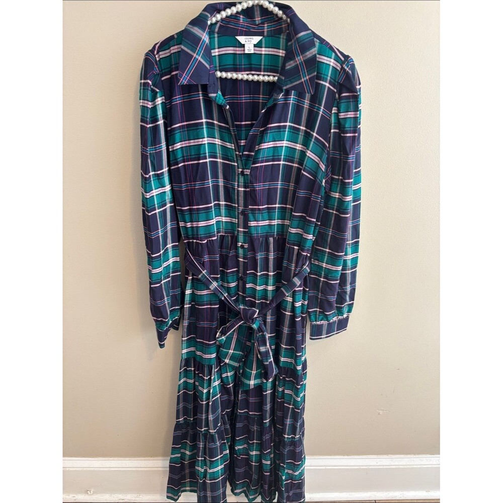 crown & ivy Navy and Teal Plaid Maxi button down dress size large